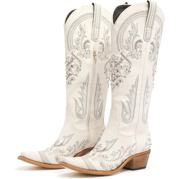 ⚡Women's White Embroidered Rhinestones Knee High Cowgirl Boots Chunky Heel